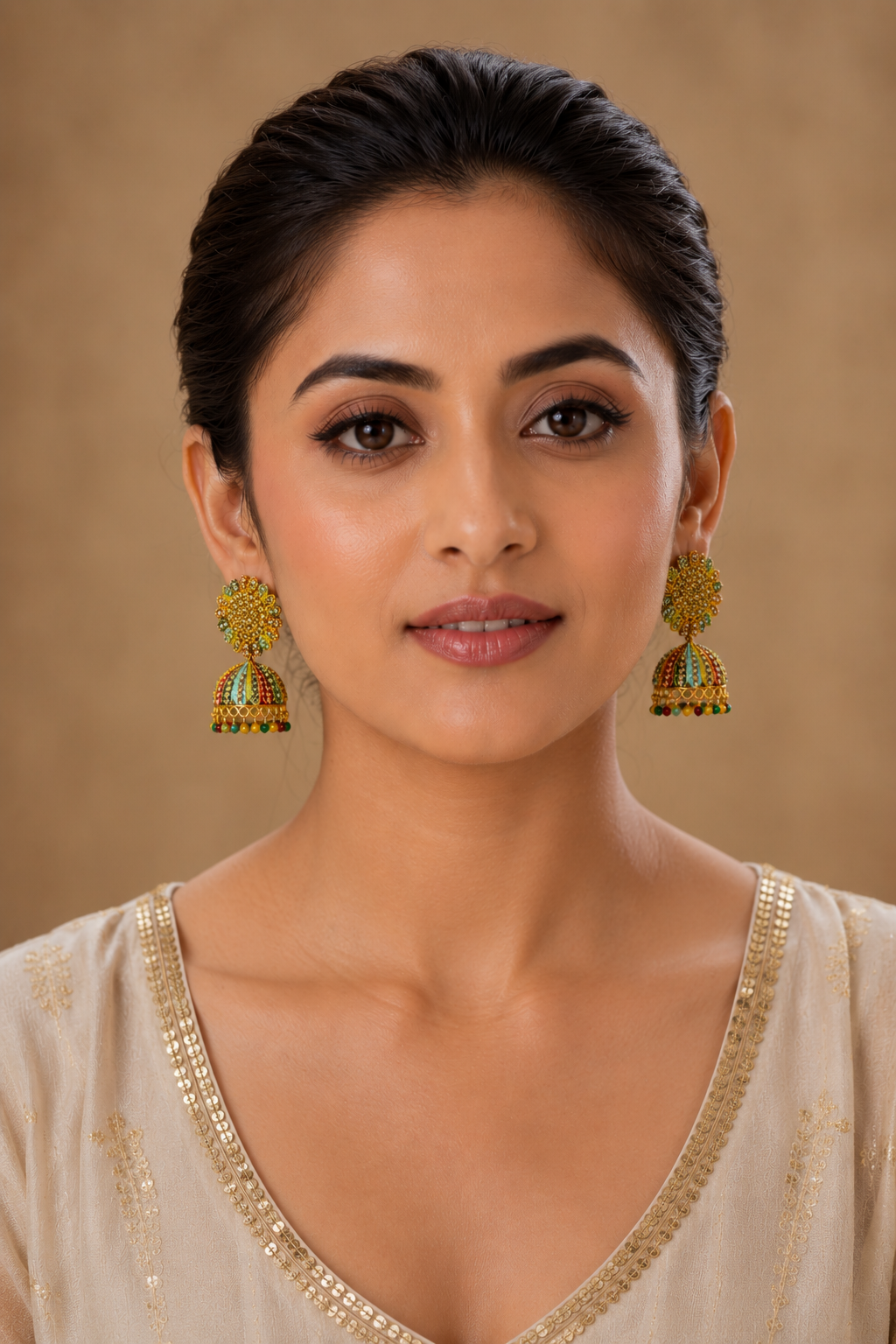 Traditional Jhumka Earrings with Multicolour Stone Detailing