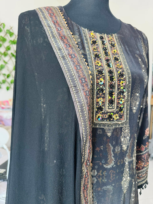 Black Crepe Three-Piece Suit Set with Moti Handwork
