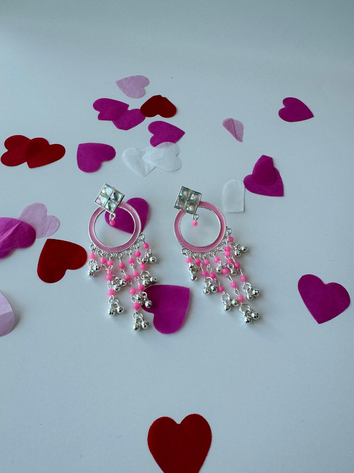 Handcrafted Silver Hoop Earrings with Pink Accent | Premium Ethnic Jewelry