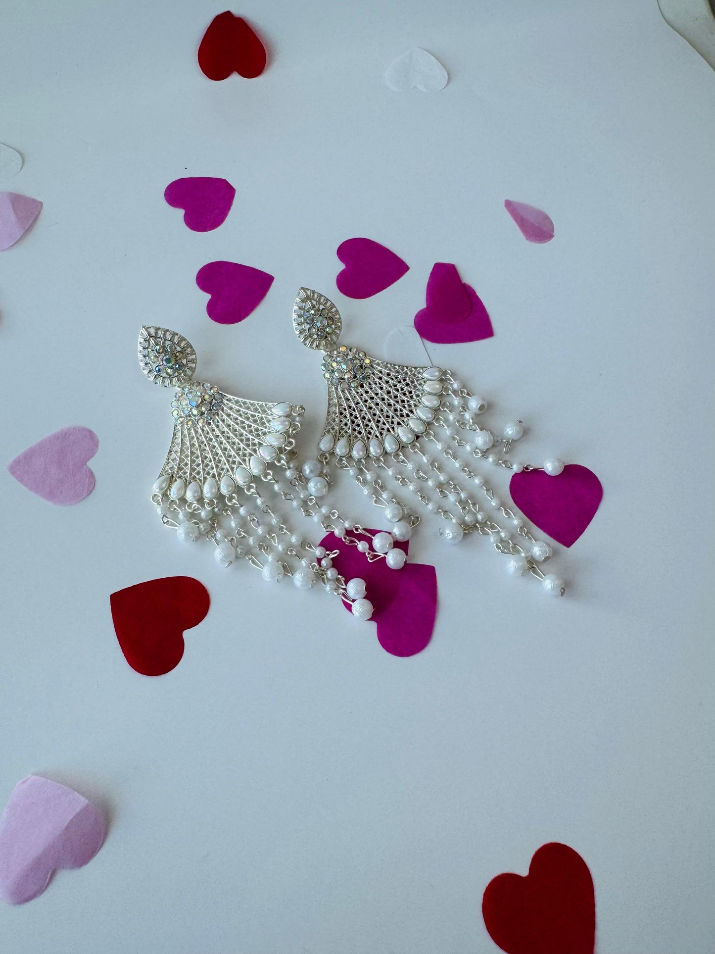 White Pearl Chandelier Earrings | Layered Ethnic Drop Jewelry