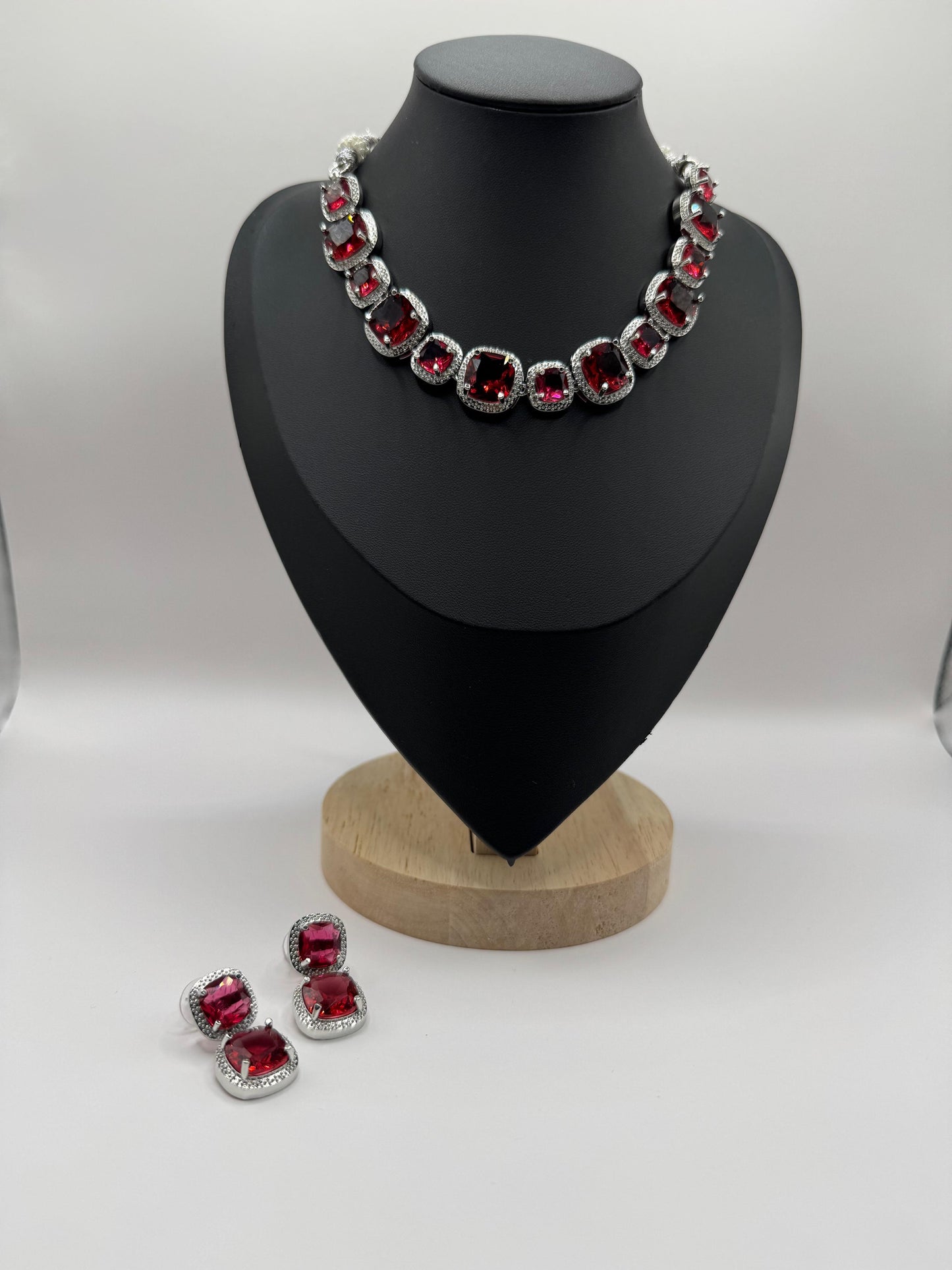Radiant Ruby-Pink Crystal Necklace & Earrings Set
