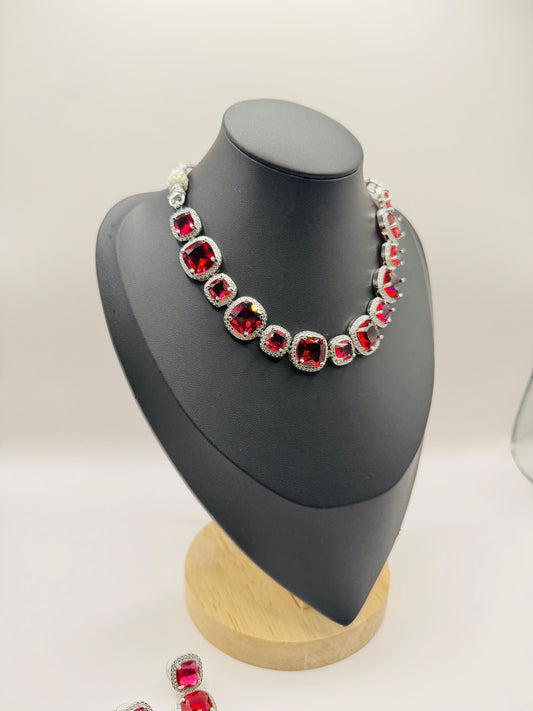 Radiant Ruby-Pink Crystal Necklace & Earrings Set