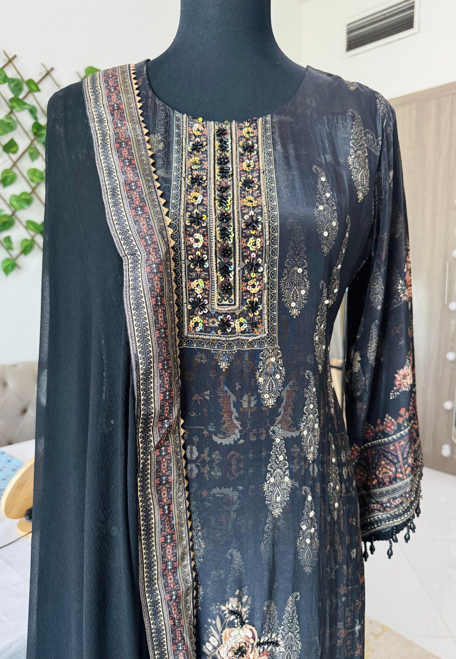 Black Crepe Three-Piece Suit Set with Moti Handwork