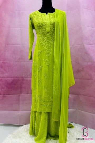 Viscose Georgette Solid 4pc Suit Set - Lime Green | Closetsecrets