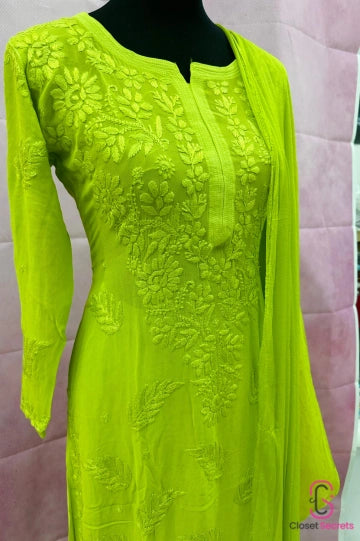 Viscose Georgette Solid 4pc Suit Set - Lime Green | Closetsecrets