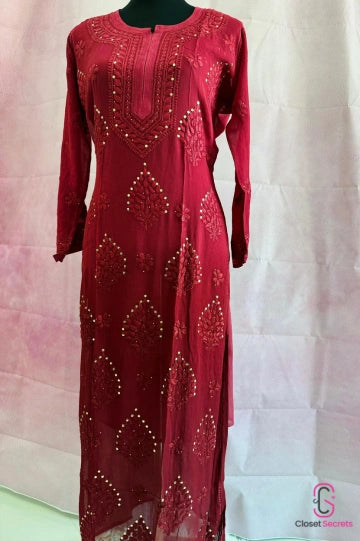 Viscose Georgette Solid 2pc Suit Set - Dark Red | Closetsecrets