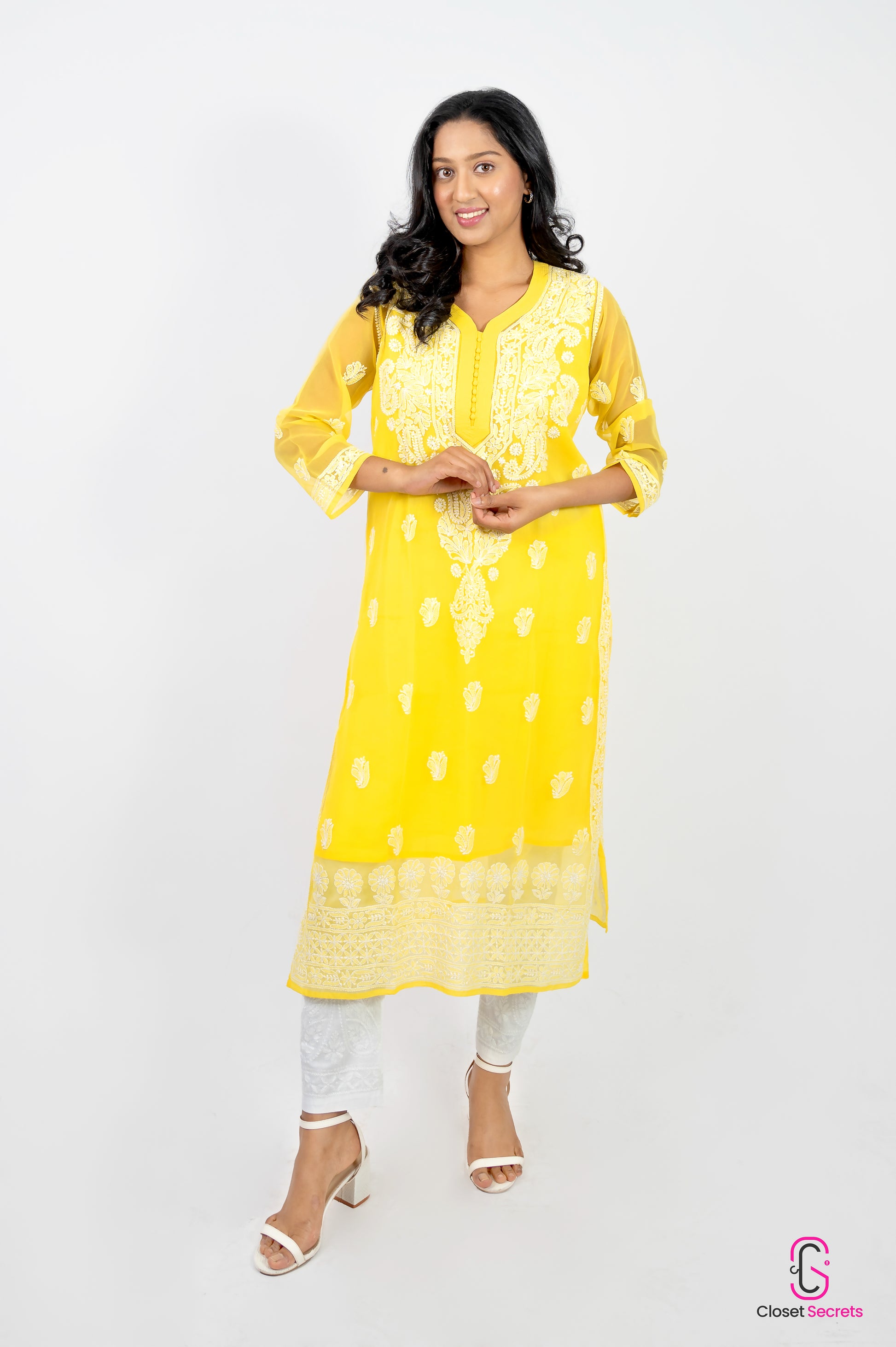 Gala Daman Straight Long Georgette Kurti Yellow