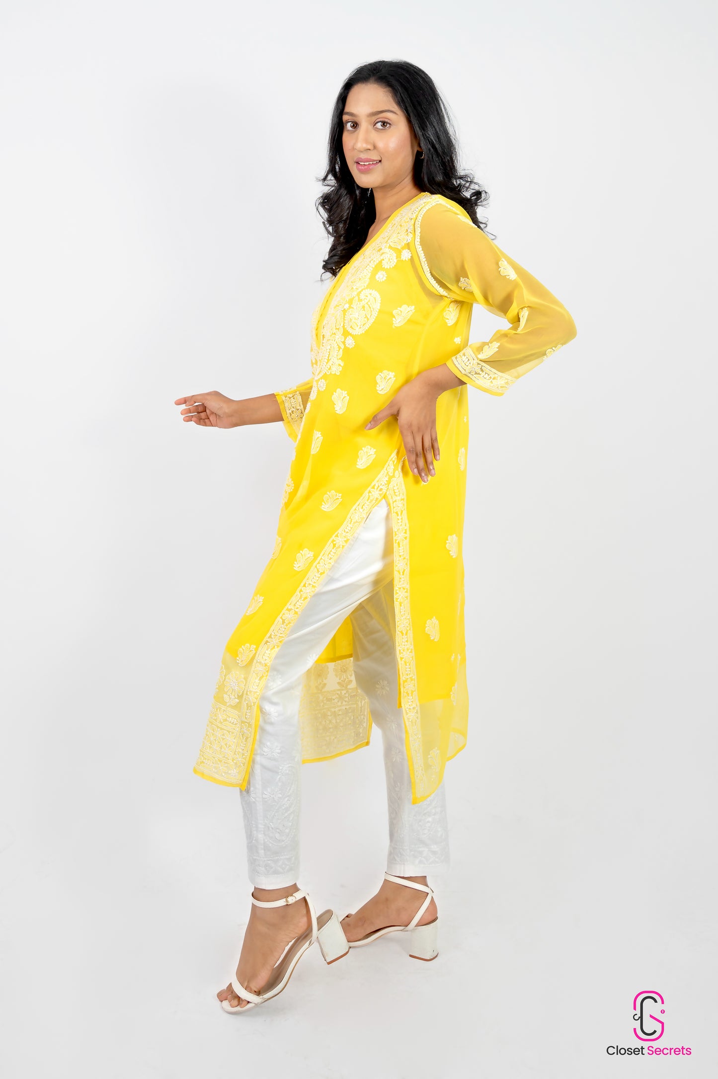 Gala Daman Straight Long Georgette Kurti Yellow