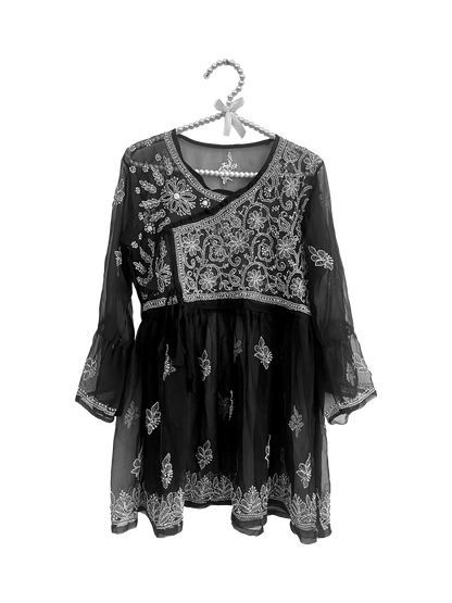 Angrakha Style Short Kurti in (Georgette) Black