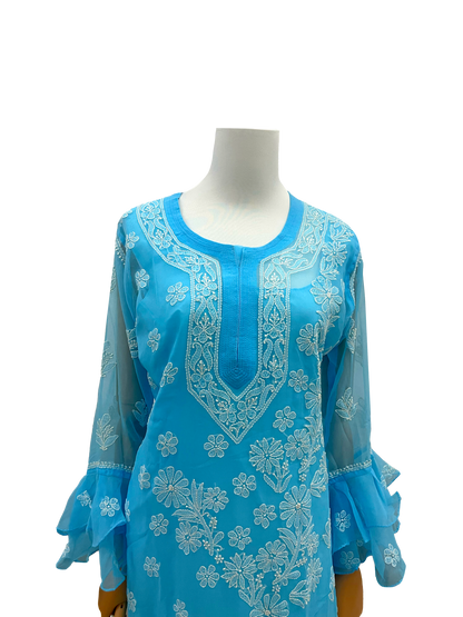 Straight Kurti with Bell Sleeves Blue