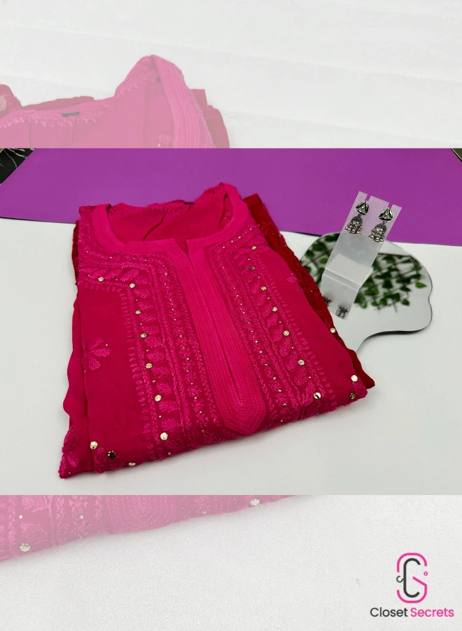 Viscose Georgette Pink 2pc Suit with Vintage Silver Jhumka | Closetsecrets