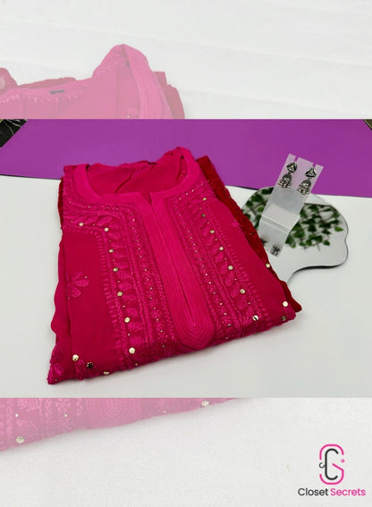 Viscose Georgette Pink 2pc Suit with Vintage Silver Jhumka | Closetsecrets