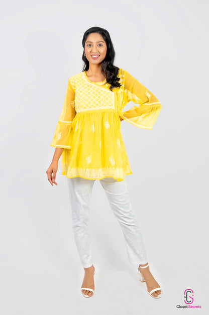 Angrakha Style Short Kurti in (Georgette) Yellow