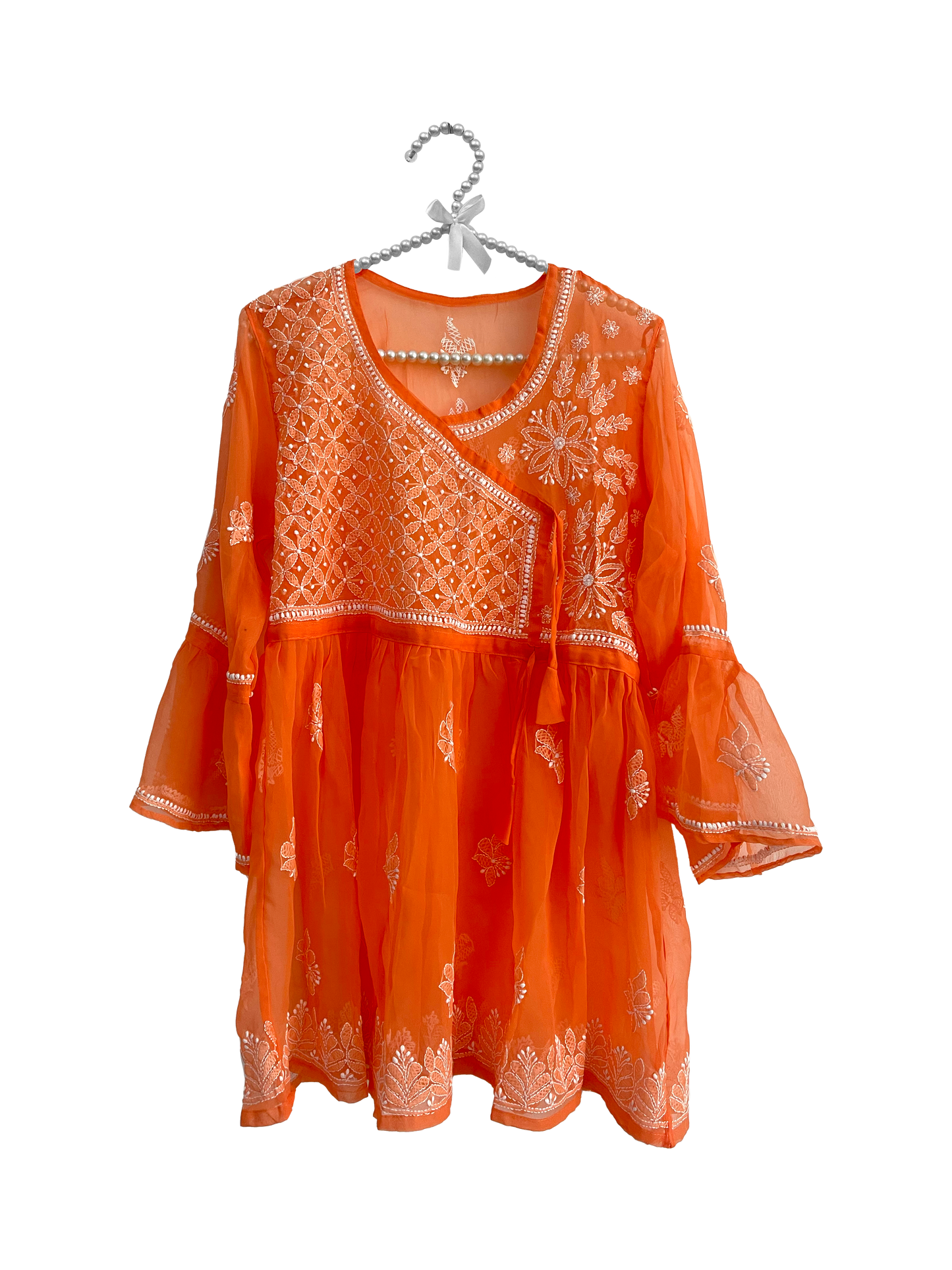 Angrakha Style Short Kurti in (Georgette) Orange