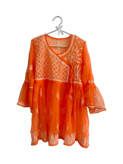 Angrakha Style Short Kurti in (Georgette) Orange