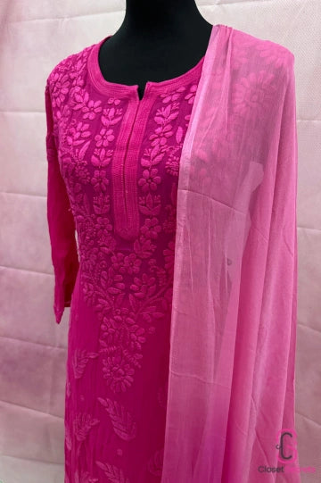 Viscose Georgette Solid 4pc Suit Set - Pink | Closetsecrets