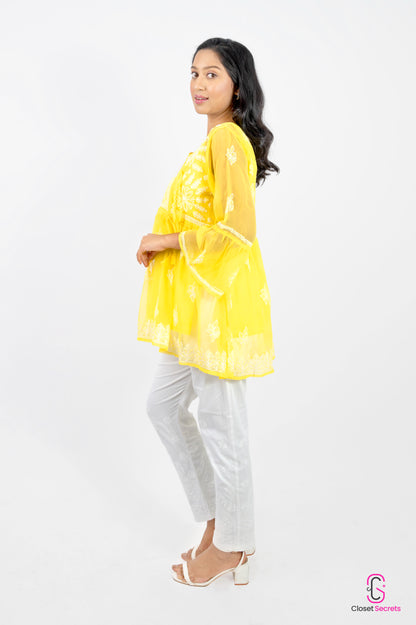 Angrakha Style Short Kurti in (Georgette) Yellow