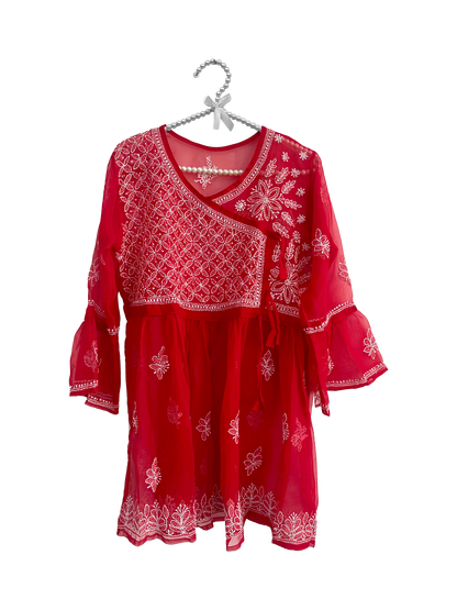 Angrakha Style Short Kurti in (Georgette) Dark pink