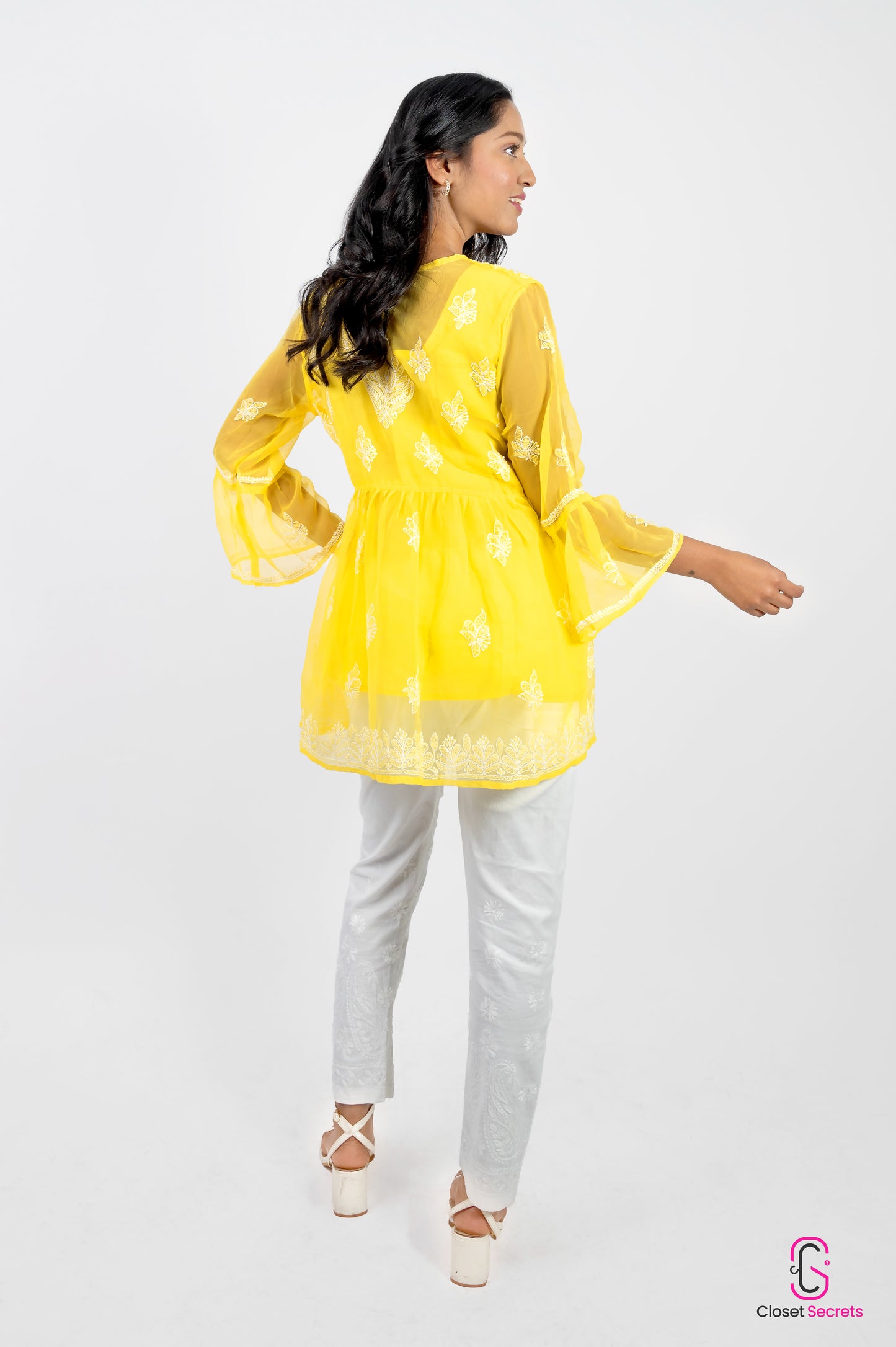 Angrakha Style Short Kurti in (Georgette) Yellow