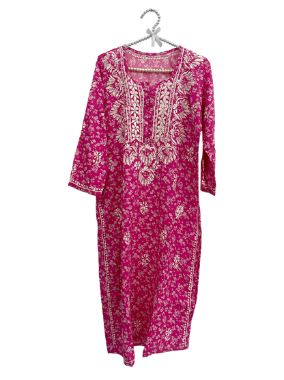 Mulmul Cotton long kurti Dark Pink