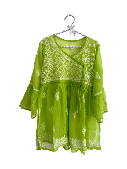 Angrakha Style Short Kurti in (Georgette) Light green