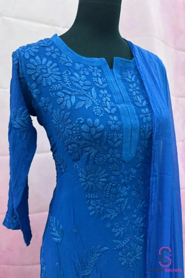 Viscose Georgette Solid 4pc Suit Set - Blue | Closetsecrets