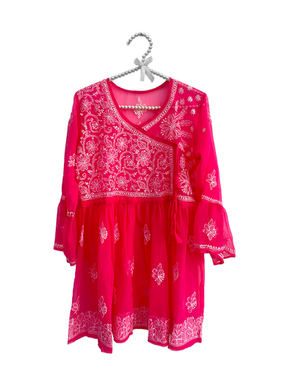 Angrakha Style Short Kurti in (Georgette) Pink