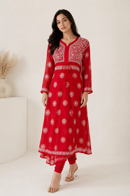 Handmade Chikankari Georgette Anarkali with Inner