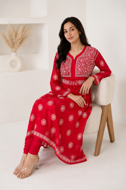 Handmade Chikankari Georgette Anarkali with Inner