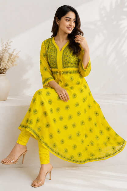 Handmade Chikankari Sunflower Print Anarkali