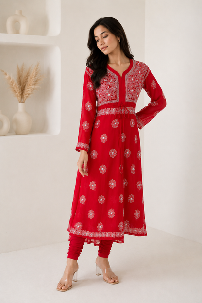Handmade Chikankari Georgette Anarkali with Inner