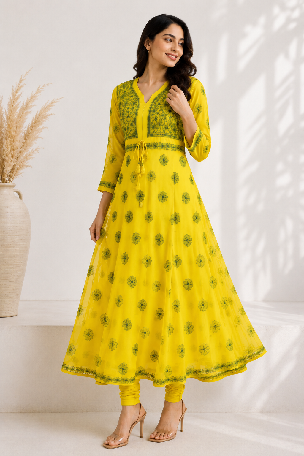 Handmade Chikankari Sunflower Print Anarkali