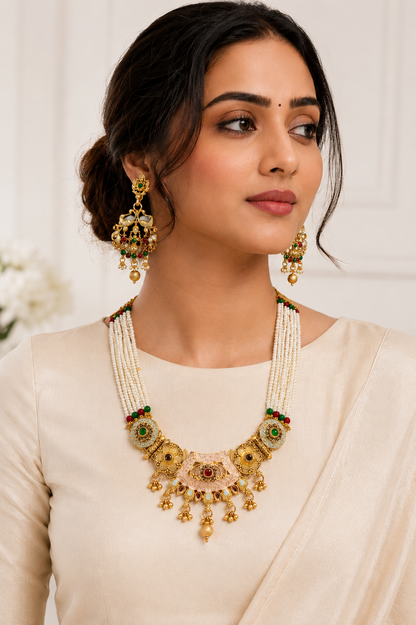 Golden Plated White Moti Multi-Stone Strand Necklace Set with Earrings