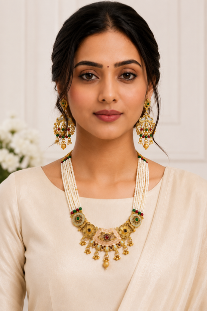 Golden Plated White Moti Multi-Stone Strand Necklace Set with Earrings