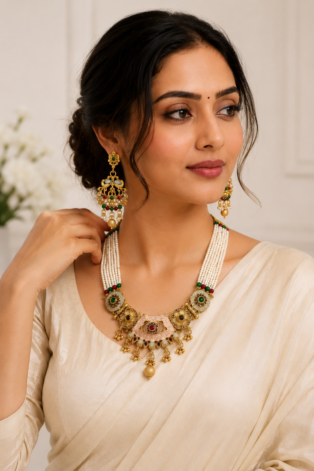 Golden Plated White Moti Multi-Stone Strand Necklace Set with Earrings
