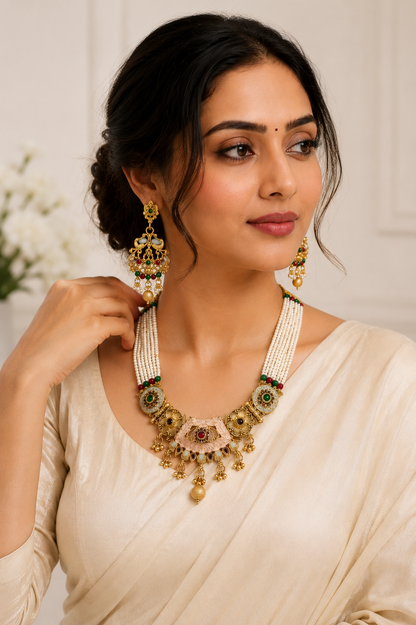Golden Plated White Moti Multi-Stone Strand Necklace Set with Earrings
