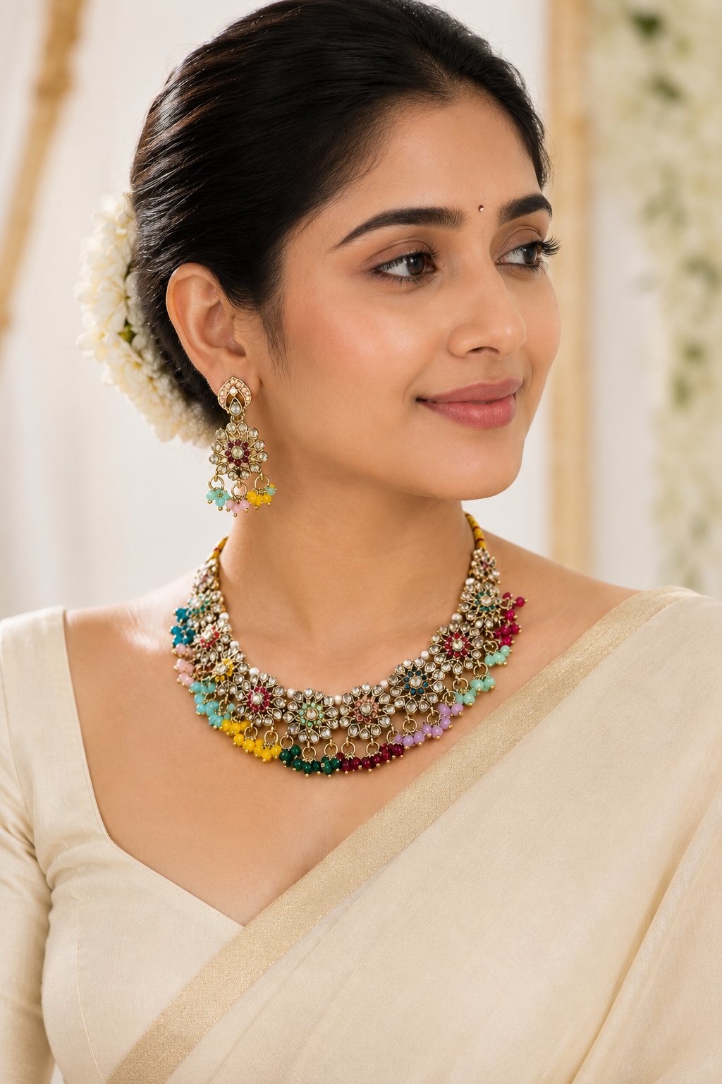 Multi-Color Pearl Drop Necklace Set with Earrings