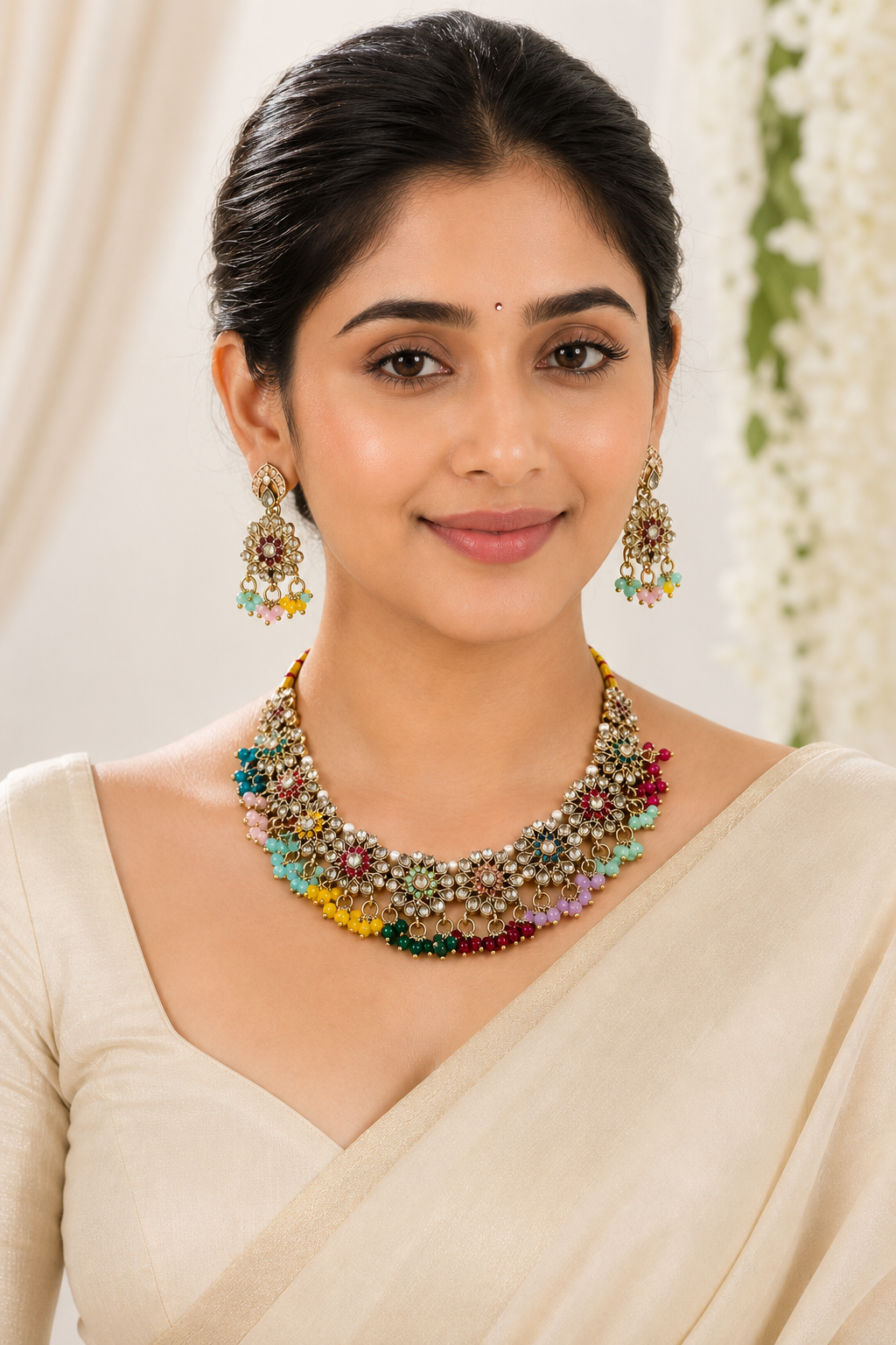 Multi-Color Pearl Drop Necklace Set with Earrings