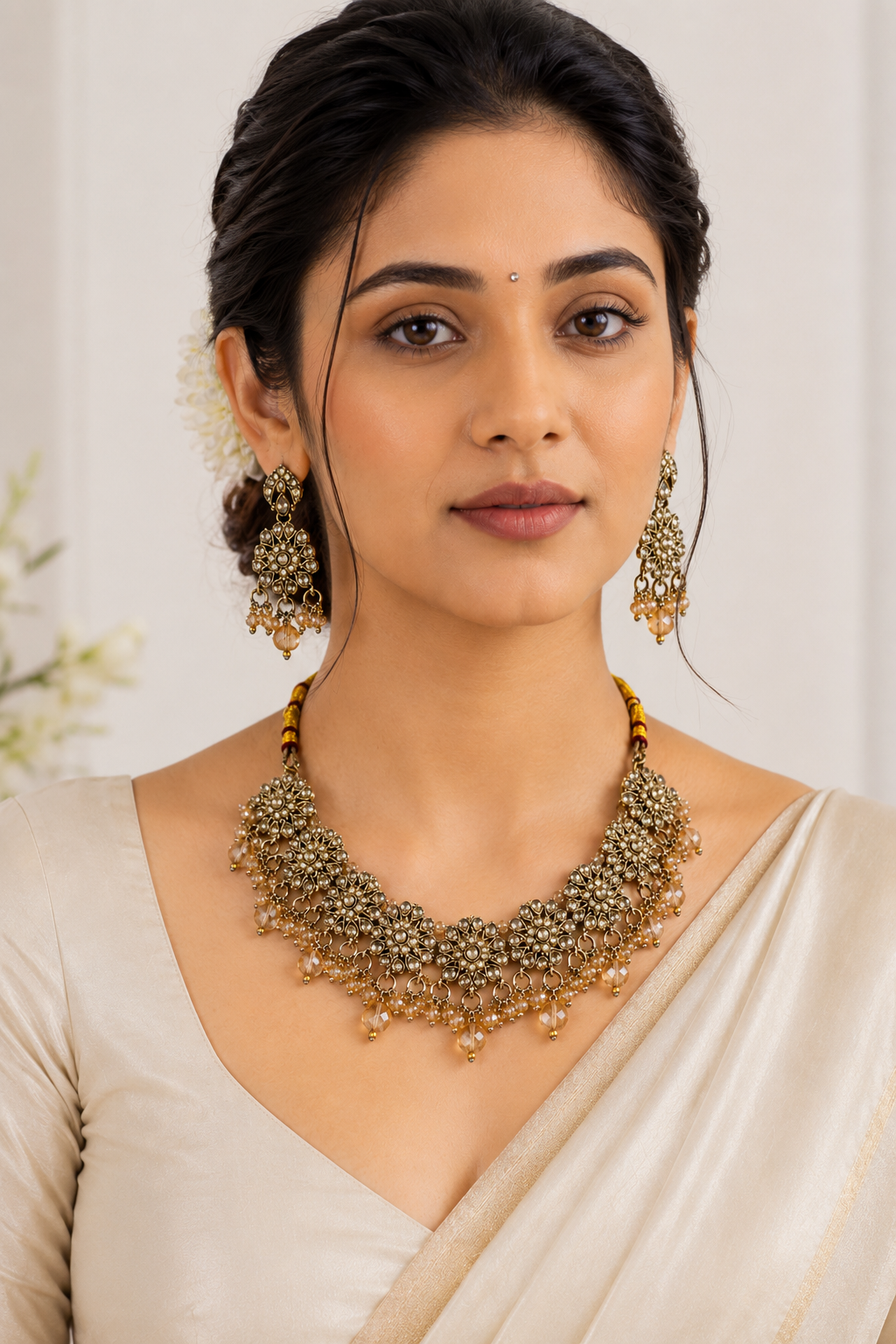 Golden Brown Pearl Drop Necklace Set with Earrings