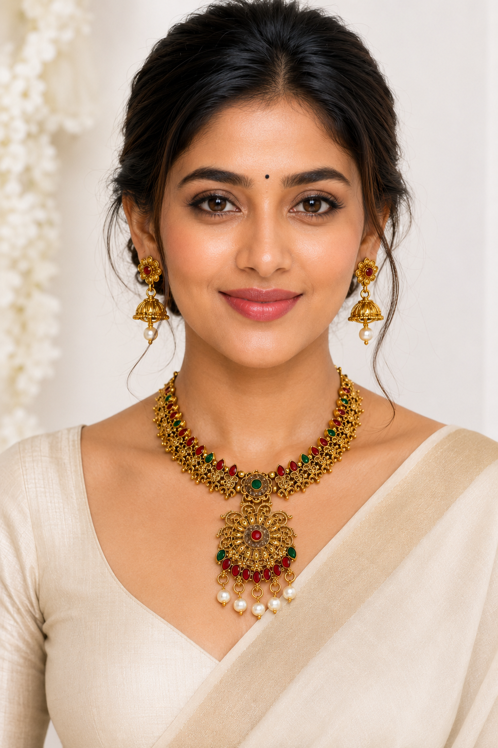 Golden Pearl Drop Necklace Set with Earrings – Wedding & Festive Jewelry