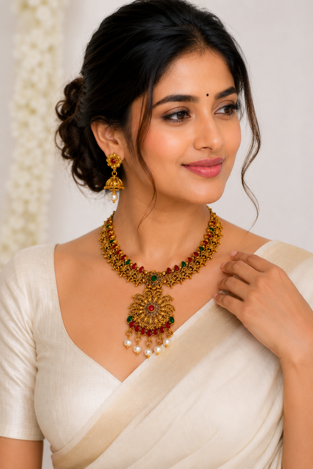 Golden Pearl Drop Necklace Set with Earrings – Wedding & Festive Jewelry