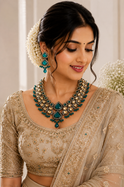Antique Gold Kundan Necklace Set with Teal Stones