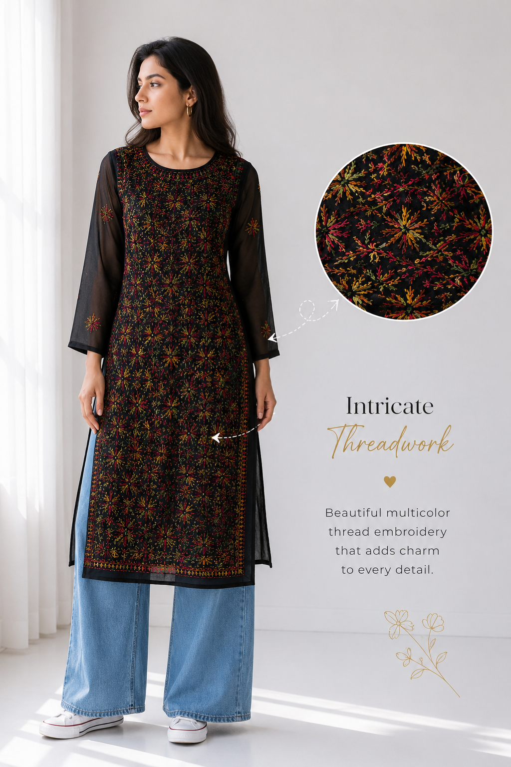Alia Cut Multicolor Threadwork Georgette Kurti