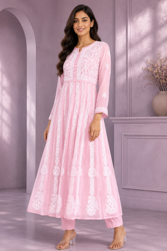 Handmade Chikankari Georgette Anarkali with Inner