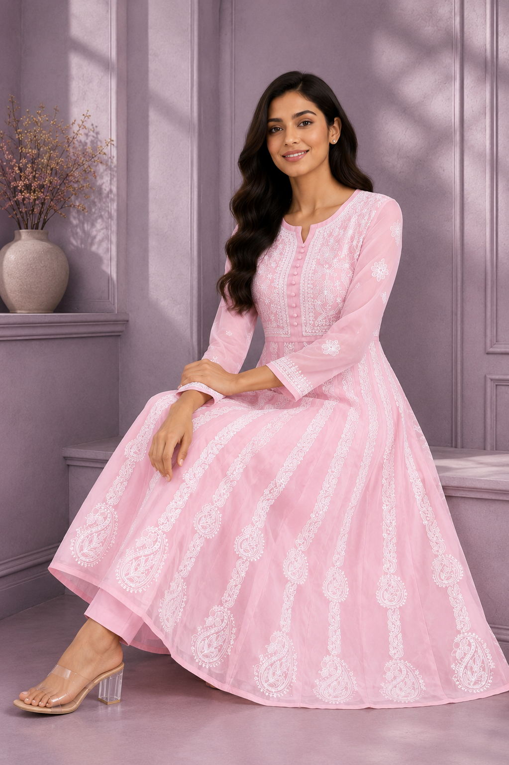 Handmade Chikankari Georgette Anarkali with Inner