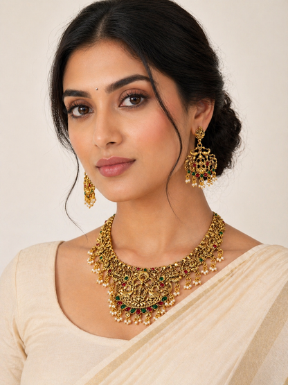 Goddess-Inspired Golden Pearl & Multistone Necklace Set with Earrings