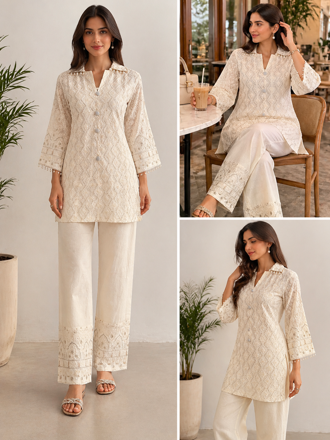 Beige Embroidered & Sequin Co-ord Set