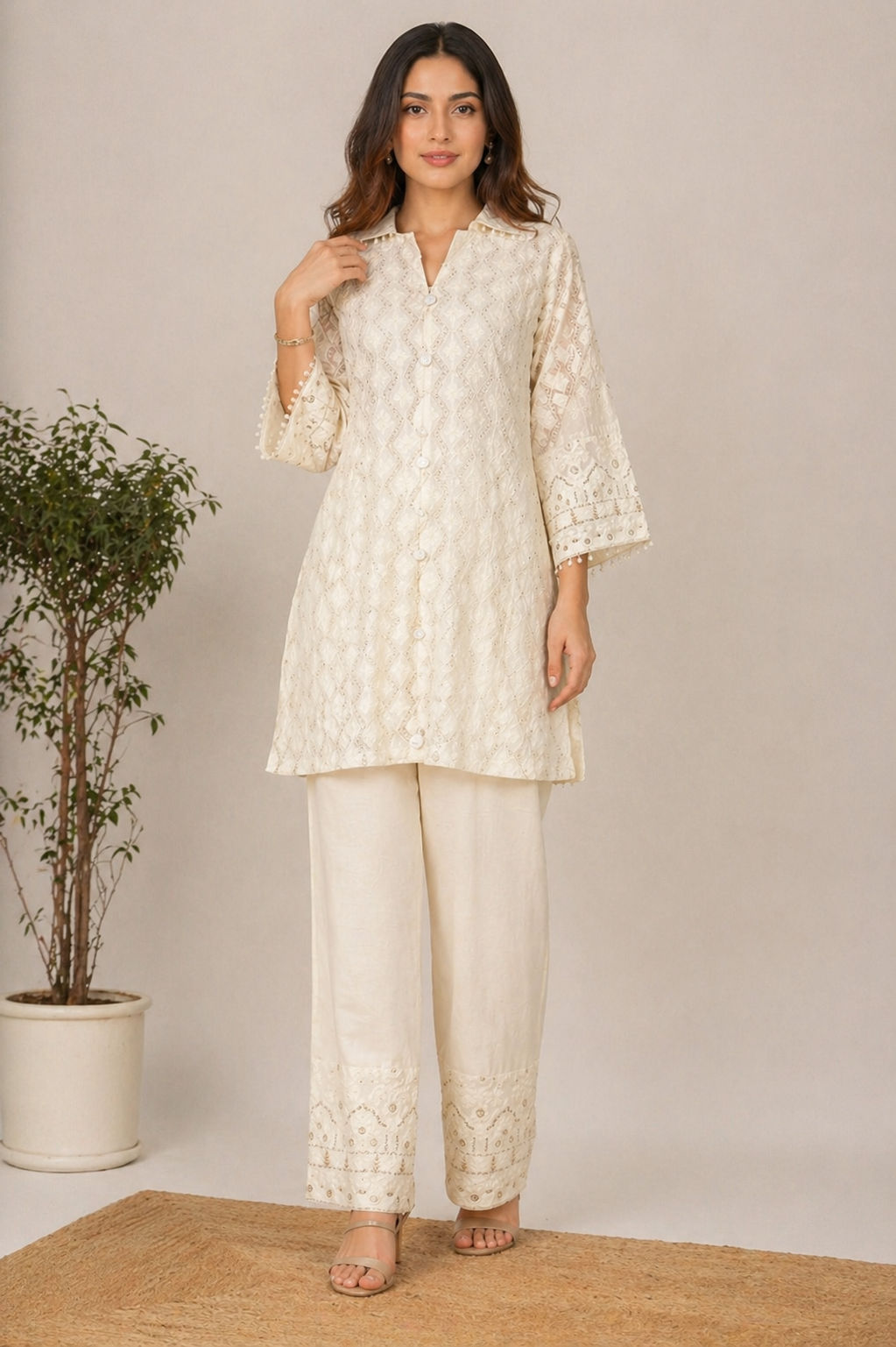 Beige Embroidered & Sequin Co-ord Set