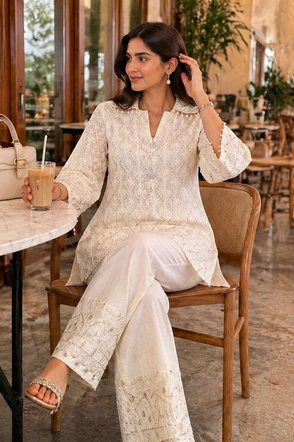 Beige Embroidered & Sequin Co-ord Set