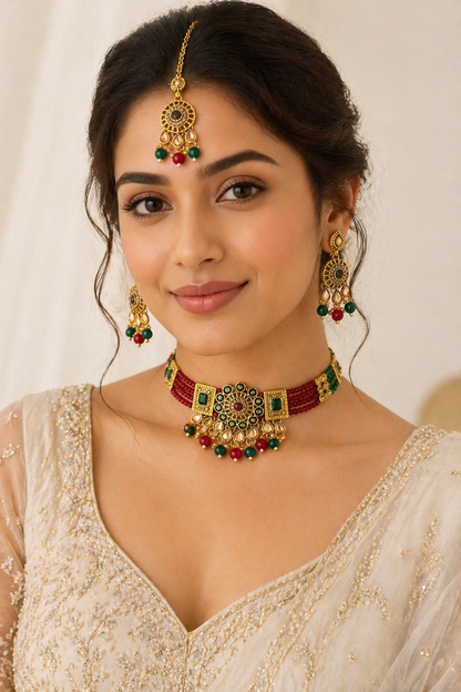 Pearl Choker Set with Earrings & Maang Tikka – Maroon & Green Combination